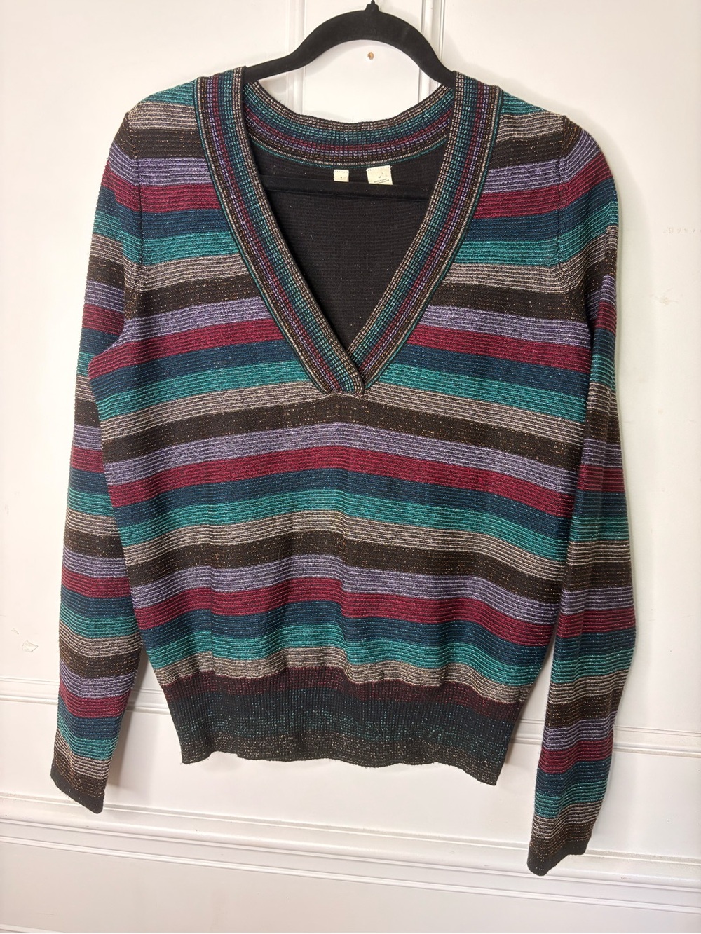 Anthropologie MOTH Striped V-Neck Sweater in metallic Teal, Plum & gold